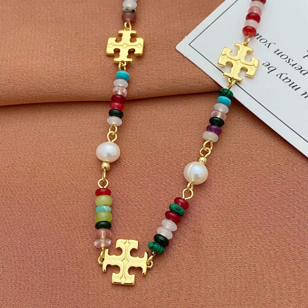 Tory Burch Freshwater Pearl Colorful Beaded Letter Metal Necklace